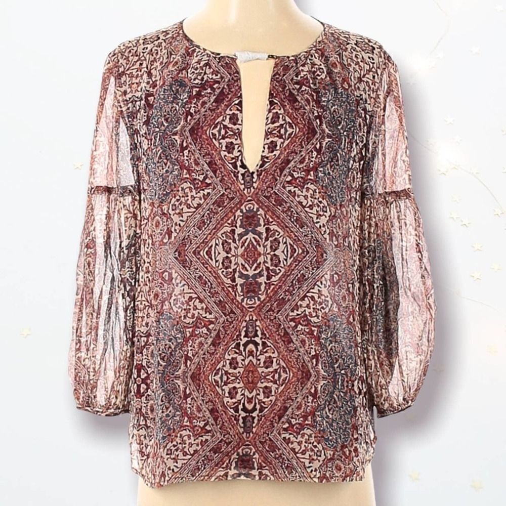 Ella Moss Long Sleeve Graphic Silk Blouse Size XS